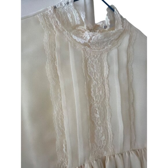 Vintage Ivory Sheer Long Sleeve Lace Dress High Neck Buttoned Cuffs Handmade - Picture 2 of 5
